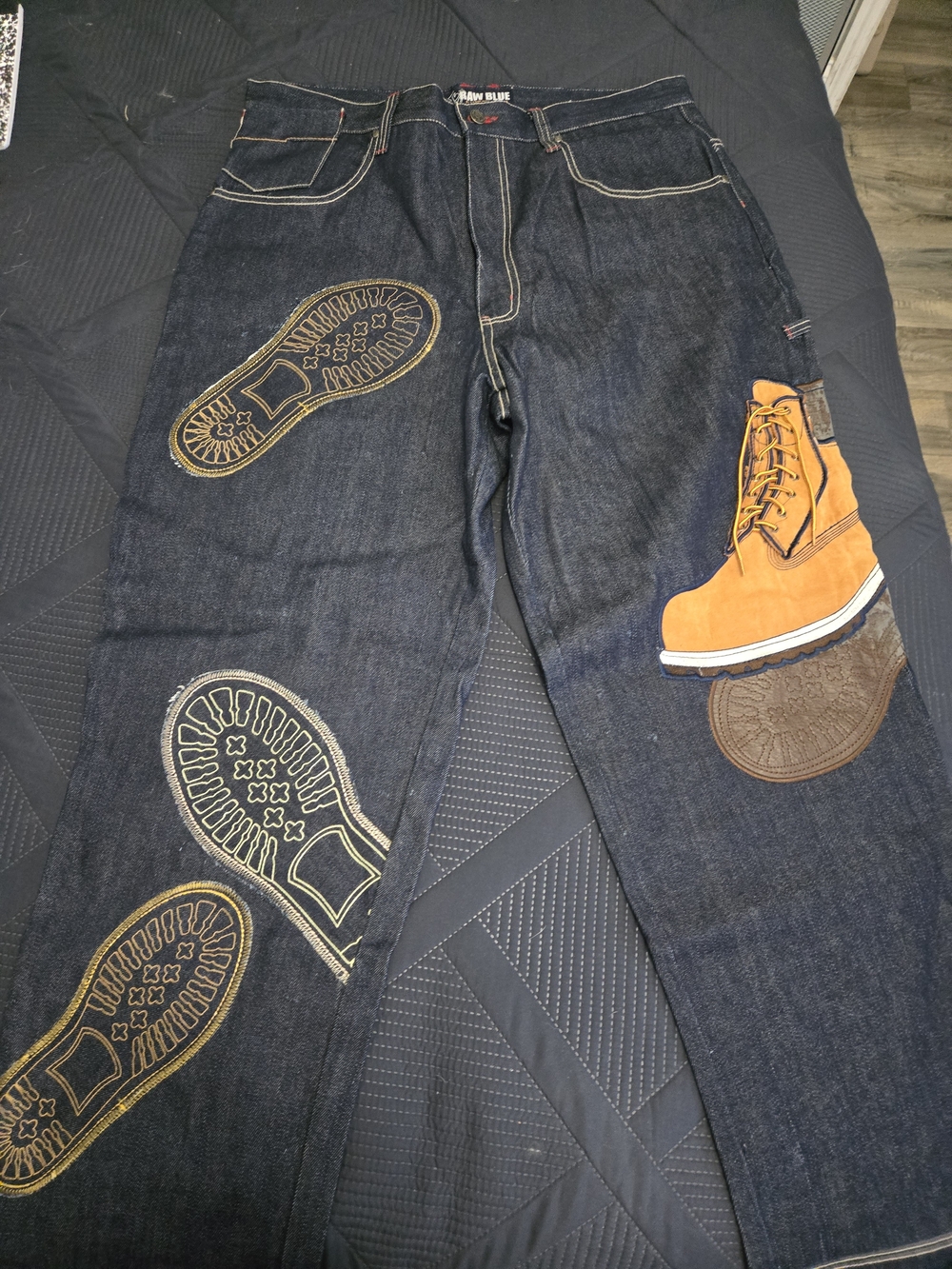 Raw Blue Vintage 90s Men’s Dark Blue Denim Jeans with Yellow Boot Patch